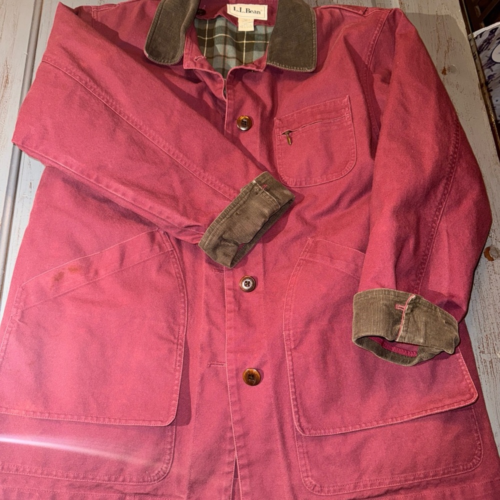 Vtg L.L. Bean Chore Barn Jacket Canvas Coat Womens M Red Primaloft Plaid Lining - Picture 3 of 13